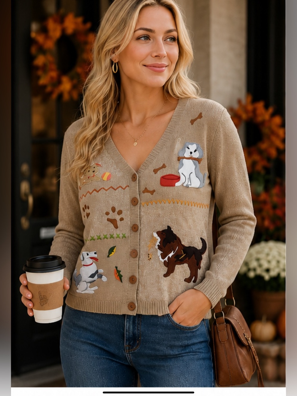 Vintage Reference Point Petites Dog Embroidered
Cardigan Sweater PETITE SMALL